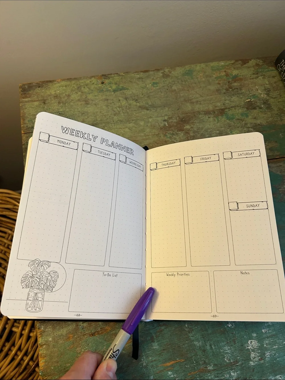 Daily Journal / Tracker/ Organizer Black with Moon & Flower Design